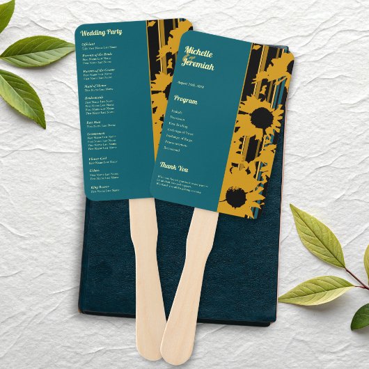 Sunflower Teal Blue Gold Modern Wedding Program Fächer
