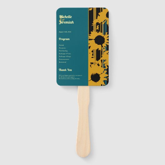 Sunflower Teal Blue Gold Modern Wedding Program Fächer (Vorderseite)