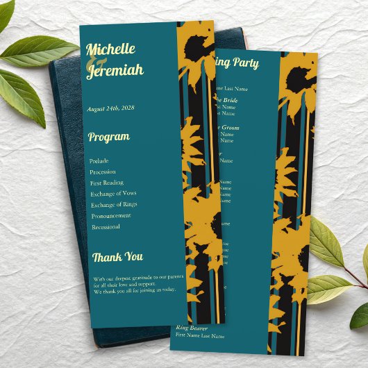 Sunflower Teal Blue Gold Modern Wedding Programm
