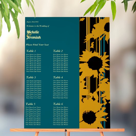 Sunflower Teal Blue Gold Modern Wedding Seat Chart Acrylschild