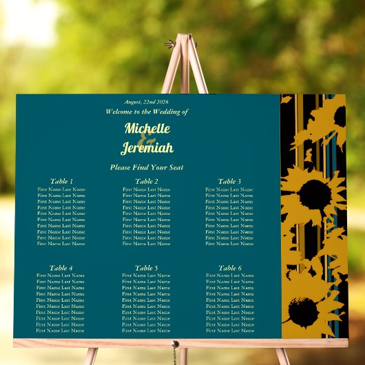 Sunflower Teal Blue Gold Modern Wedding Seat Chart Acrylschild
