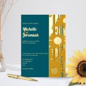 Sunflower Teal Blue Modern Wedding Gold Folieneinladung