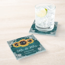 Sunflower Teal Rustic Wood Lace Wedding Glasuntersetzer