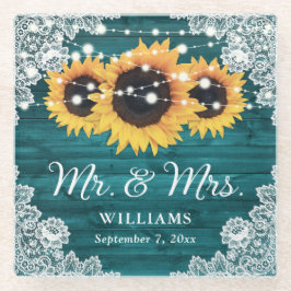 Sunflower Teal Rustic Wood Lace Wedding Glasuntersetzer