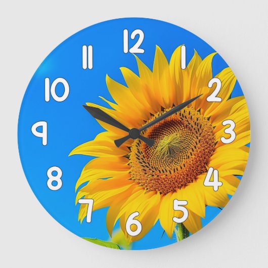 Sunflower Wall Clock Blue Background Floral Decor Große Wanduhr (Vorderseite)