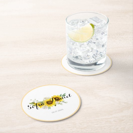 Sunflower watercolor white rose wedding  runder pappuntersetzer (Vor Ort)