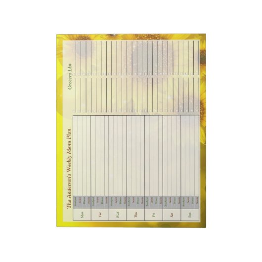 Sunflower Weekly Personalized Menu Plan Notepad Notizblock (Rotiert)