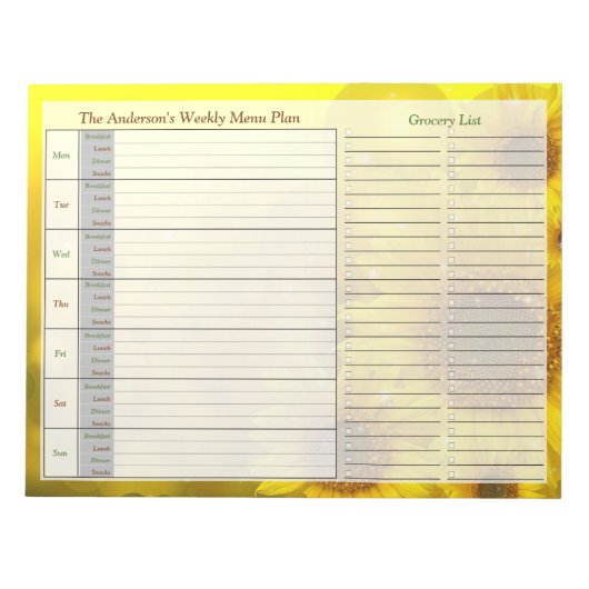 Sunflower Weekly Personalized Menu Plan Notepad Notizblock (Vorderseite)