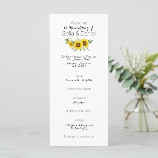 Sunflower white rose watercolor wedding Flat Card (Stehend Vorderseite)