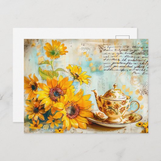 Sunflower with Antique Coffee Pot and Fantasy text Postkarte (Vorne/Hinten)