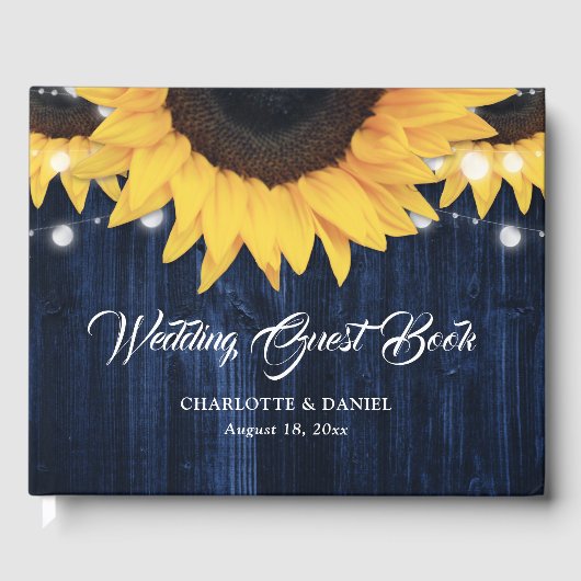 Sunflower Wood String Lights Navy Blue Wedding Gästebuch (Vorderseite)
