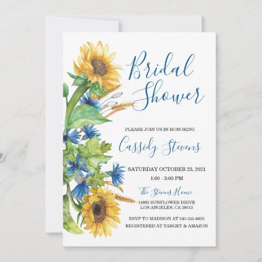 Sunflower Yellow Blue Floral Fall Bridal Shower Einladung (Vorderseite)