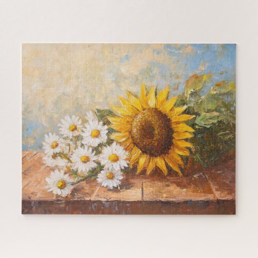 Sunflowers and Daisies on Rustic Table Puzzle (Horizontal)