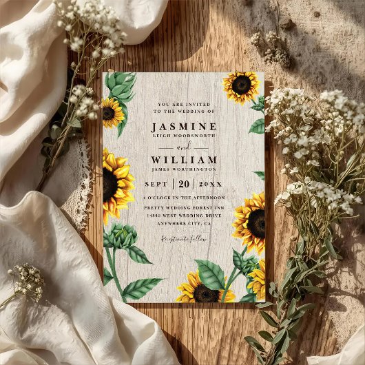 Sunflowers And Wood Rustic Country QR Code Wedding Einladung