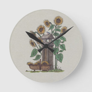 Sunflowers Birdfeeder & Blue Bird Runde Wanduhr