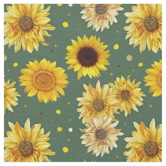 Sunflowers Dots Green Repeating Pattern Fabric Stoff (Nahaufnahme)