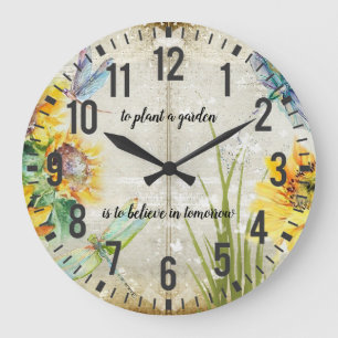 Sunflowers Dragonflies Shabby and Chic Garden Große Wanduhr