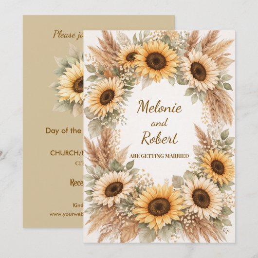 Sunflowers Earthy Boho Wedding Invitation Einladung (Vorne/Hinten)