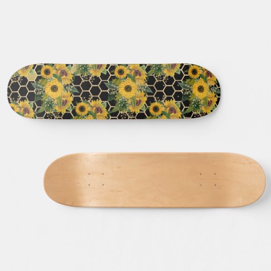 Sunflowers Honeycomb Floral Pattern Black Skateboard (Horizontal)