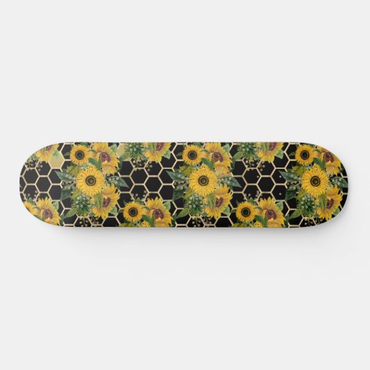 Sunflowers Honeycomb Floral Pattern Black Skateboard (Horizontal)