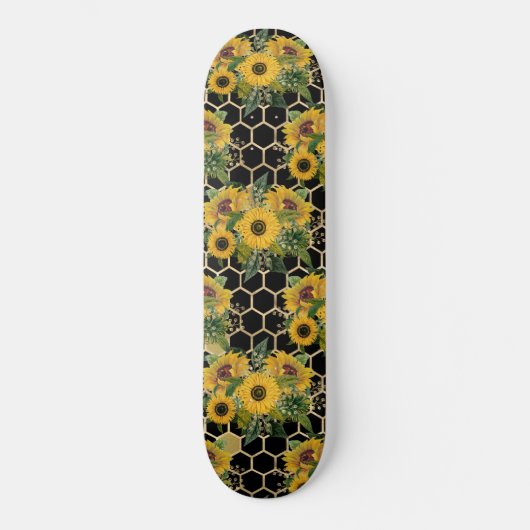 Sunflowers Honeycomb Floral Pattern Black Skateboard (Vorderseite)