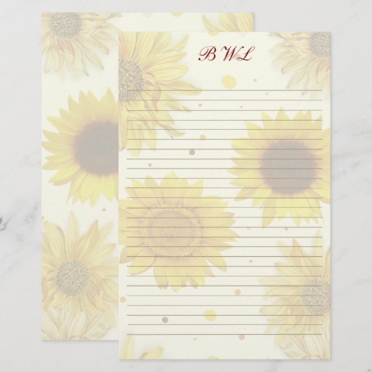 Sunflowers Lined Monogram Writing Paper Briefpapier (Vorne/Hinten)