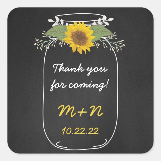 Sunflowers Mason Jar vielen Dank Gastgeschenk Hoch Quadratischer Aufkleber (Vorderseite)