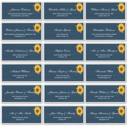 Sunflowers Navy Blue Rustic Wedding Guest Names St Aufkleber (Vorderseite)