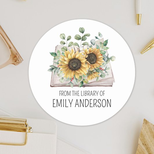 Sunflowers on Book From the Library of Bookplate Runder Aufkleber