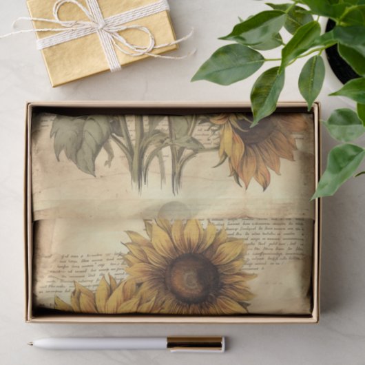 Sunflowers on Worn Style Parchment with Script Seidenpapier (Geschenk)