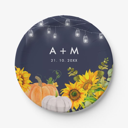 Sunflowers Pumpkins String Light Rustic Wedding Pappteller (Vorderseite)