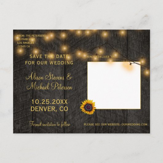 Sunflowers Roses Wood Save the Date Wedding Ankündigungspostkarte (Rückseite)