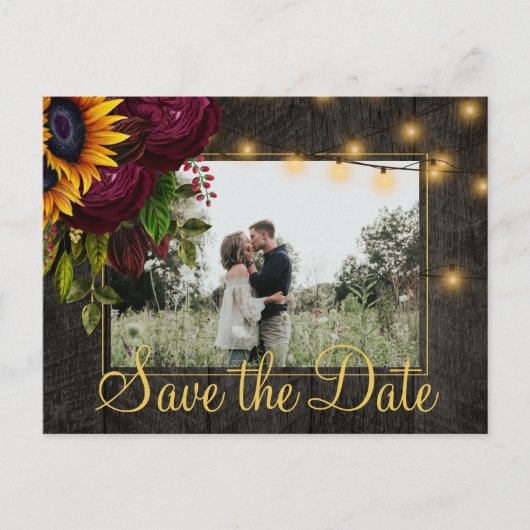 Sunflowers Roses Wood Save the Date Wedding Ankündigungspostkarte (Vorderseite)