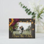 Sunflowers Roses Wood Save the Date Wedding Ankündigungspostkarte (Stehend Vorderseite)