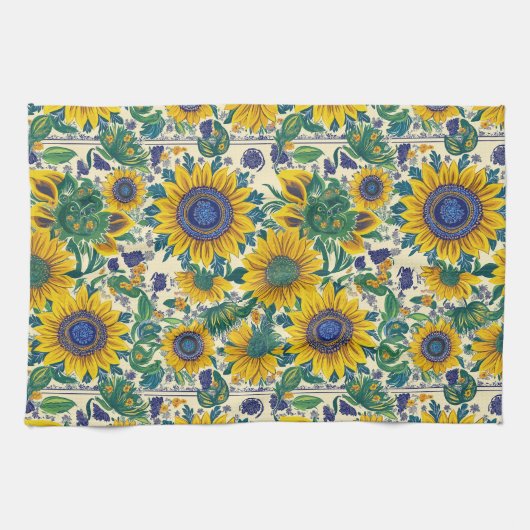 Sunflowers. Ukrainian Petrikivka folk art pattern. Geschirrtuch (Horizontal)