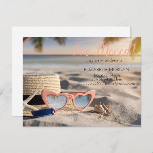Sunglass,Hat,Seashell Beach neue Adresse Ankündigungspostkarte (Vorne/Hinten)