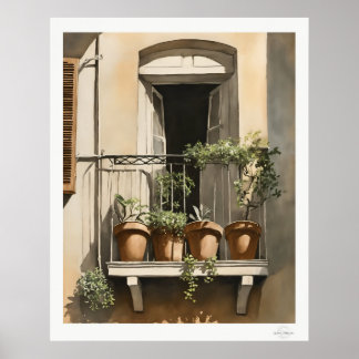 Sunlit Balcony with Flowers Oil Painting Print Poster