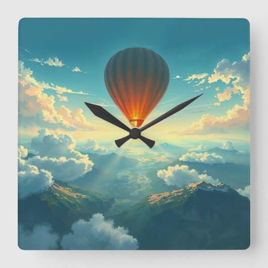 Sunlit Balloon Ride - Dreamlike Illustration Style Quadratische Wanduhr (Vorderseite)