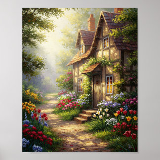 Sunlit Cottage & Flowers | Oil Masterpiece Poster