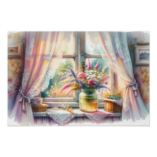 Sunlit Cottage Window Wildflowers Poster (Vorderseite)