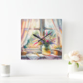 Sunlit Cottage Window Wildflowers Quadratische Wanduhr (Zuhause)