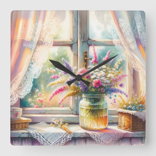 Sunlit Cottage Window Wildflowers Quadratische Wanduhr (Vorderseite)