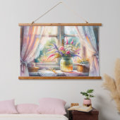 Sunlit Cottage Window Wildflowers Wandteppich Mit Holzrahmen (Schlafzimmer)