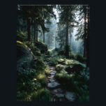 Sunlit Forest Path Through Ancient Pines Fotodruck<br><div class="desc">Golden sunlight pours through towering evergreen canopies, illuminating a winding stone path blanketed in soft moss and scattered rocks. Mist drifts gently among ferns and tree trunks, diffusing the warm rays into a dreamy, almost sacred glow. The composition radiates profound calm, timeless solitude, gentle renewal, the quiet magic of untouched...</div>