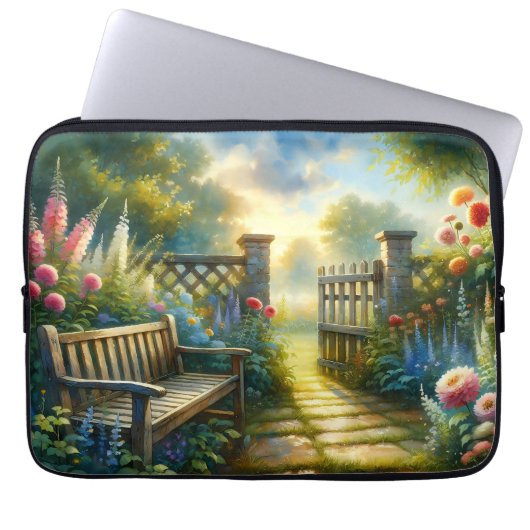 Sunlit Garden Pathway Gate Scene Laptopschutzhülle (Vorderseite)