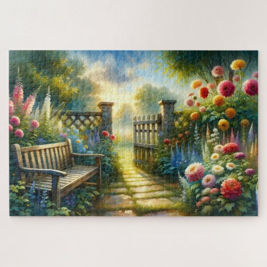 Sunlit Garden Pathway Gate Scene Puzzle (Horizontal)