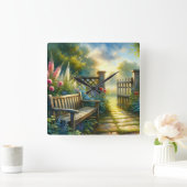 Sunlit Garden Pathway Gate Scene Quadratische Wanduhr (Zuhause)