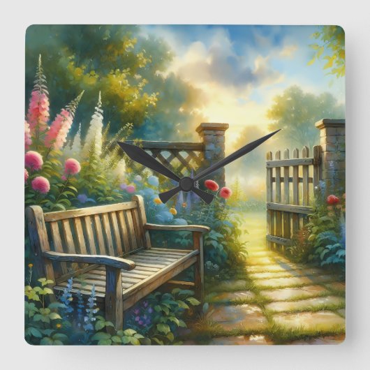 Sunlit Garden Pathway Gate Scene Quadratische Wanduhr (Vorderseite)