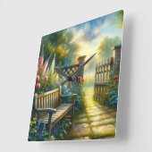 Sunlit Garden Pathway Gate Scene Quadratische Wanduhr (Winkel)