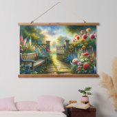 Sunlit Garden Pathway Gate Scene Wandteppich Mit Holzrahmen (Schlafzimmer)